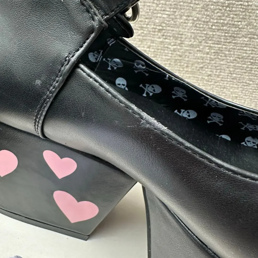 Dolls Kill LAMODA Hung Up Black Chunky Platform Heels Pink Heart 9 Lolita Goth